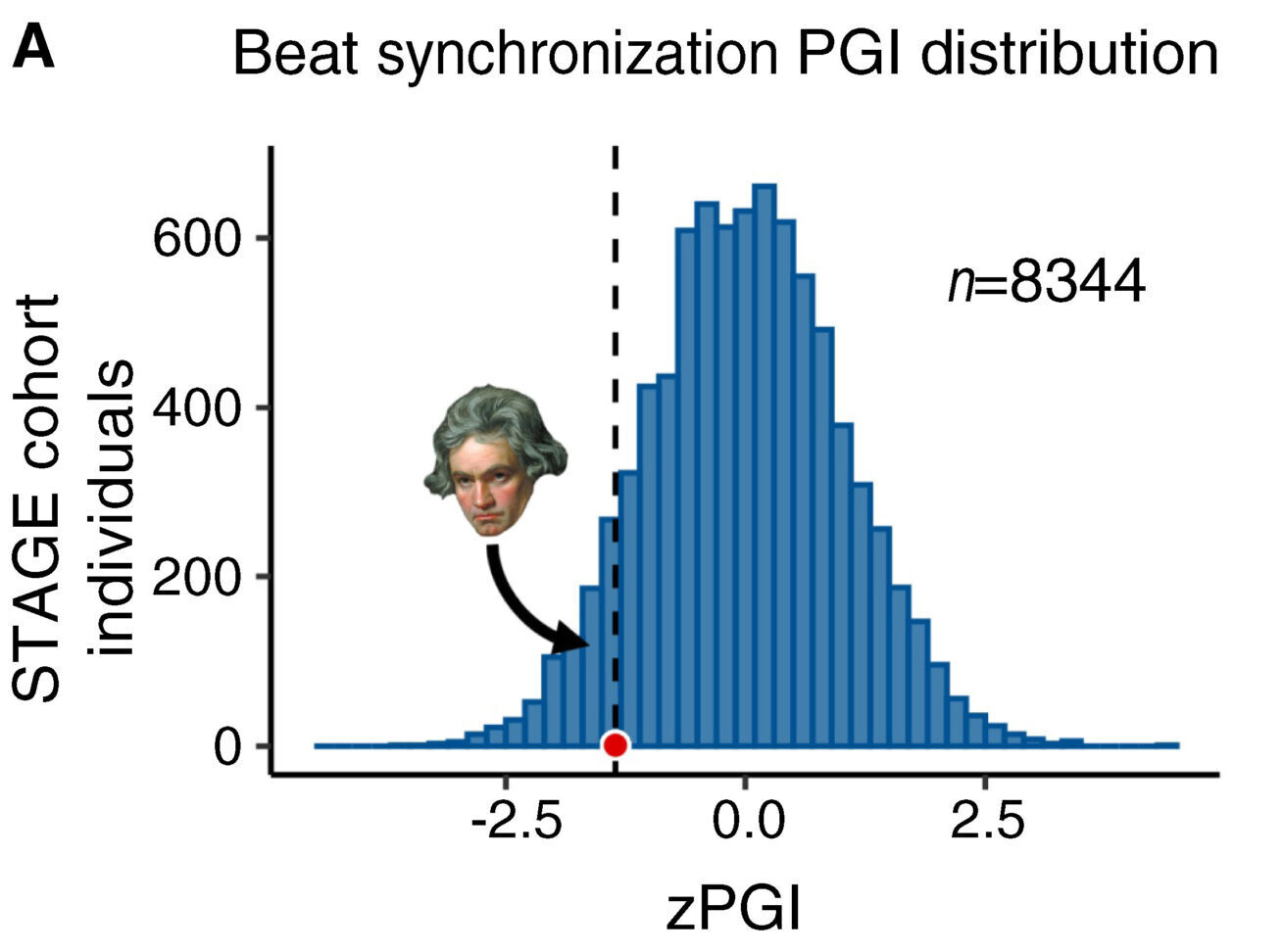 O gráfico mostra a distribuição genética da habilidade de acompanhar o ritmo musical (PGI, na horizontal) em mais de 8 mil adultos (STAGE, na vertical). As barras azuis representam a população, e a linha preta com o ponto vermelho indica o Beethoven: ele está no 9º percentil, ou seja, entre os 10% com menor predisposição genética para seguir batidas. O curioso é que, mesmo assim, ele se tornou um dos maiores gênios da música.