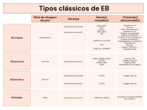 A tabela mostra os tipos mais comuns de Epidermólise Bolhosa.